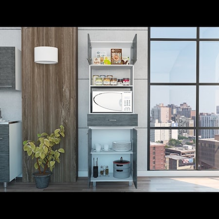 Tuhome Caribe Microwave Cabinet, Four Legs, One Drawer, Double Door, One Shelf, White/Smokey Oak MBI5579